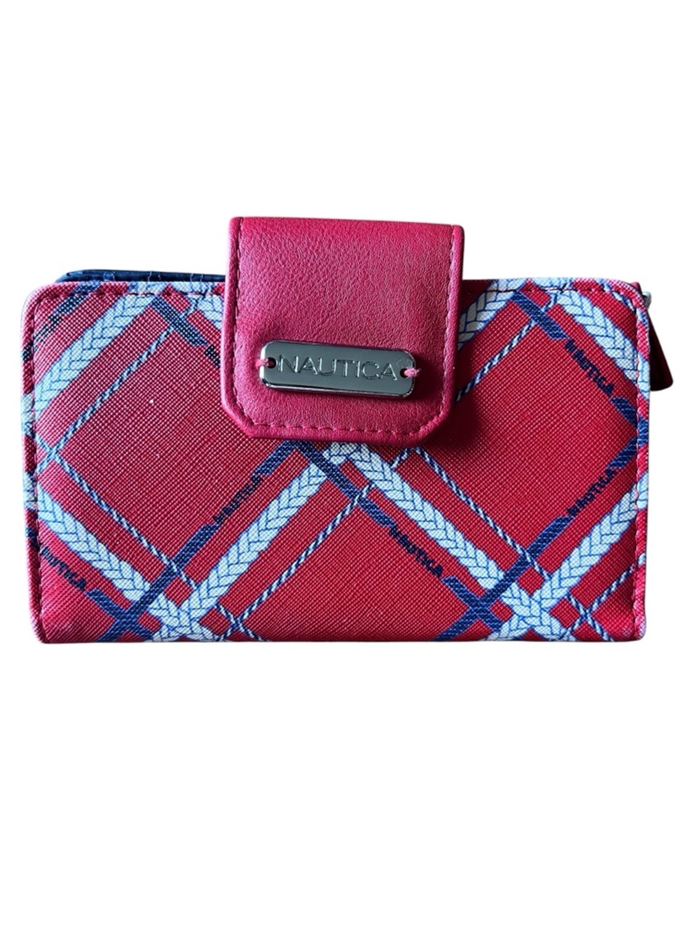 Nautica RFID Wallet Red Blue Plaid Zip Around Clutch Checkbook Organizer